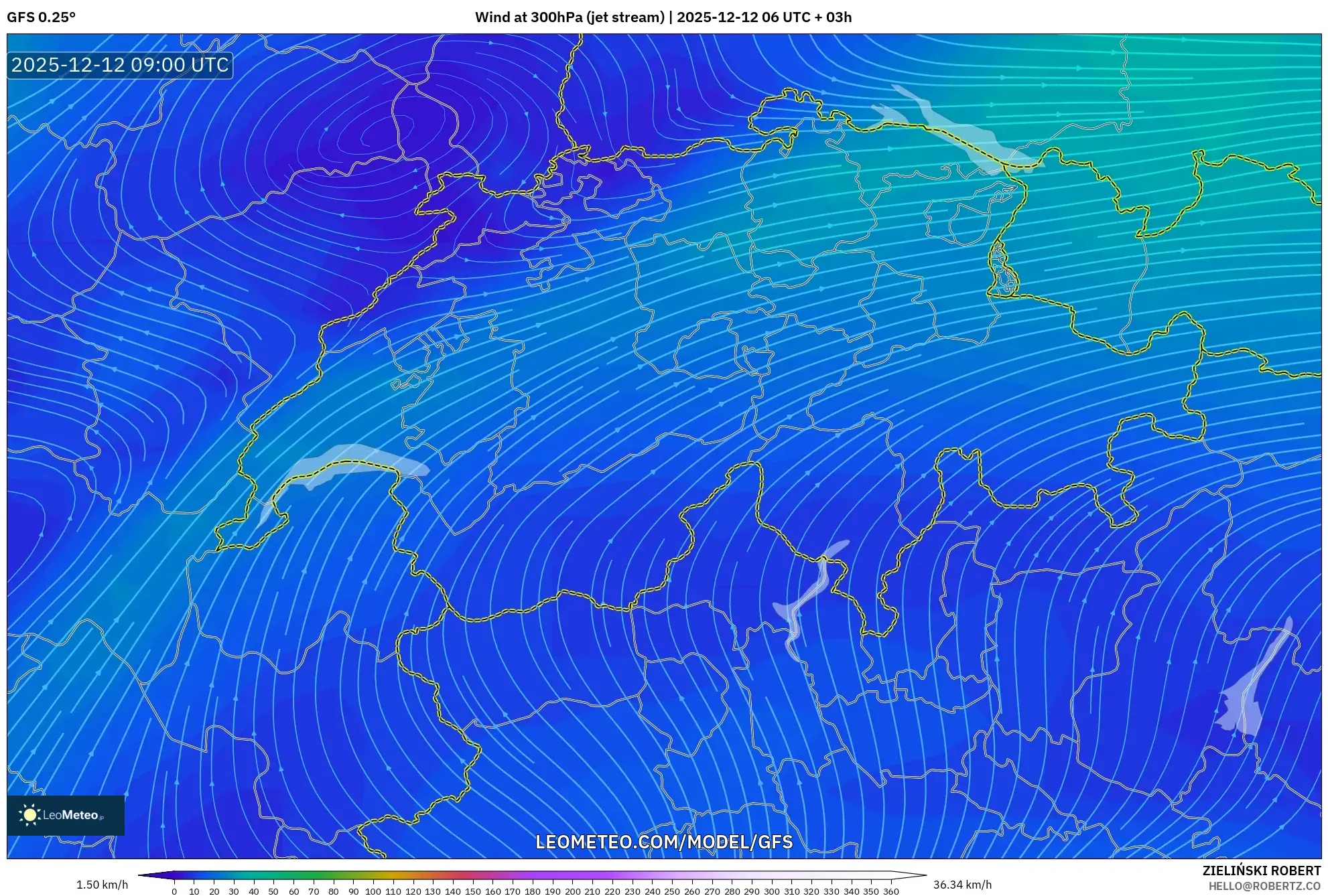 GFS model - Switzerland, Angin 300 hPa (aliran jet)