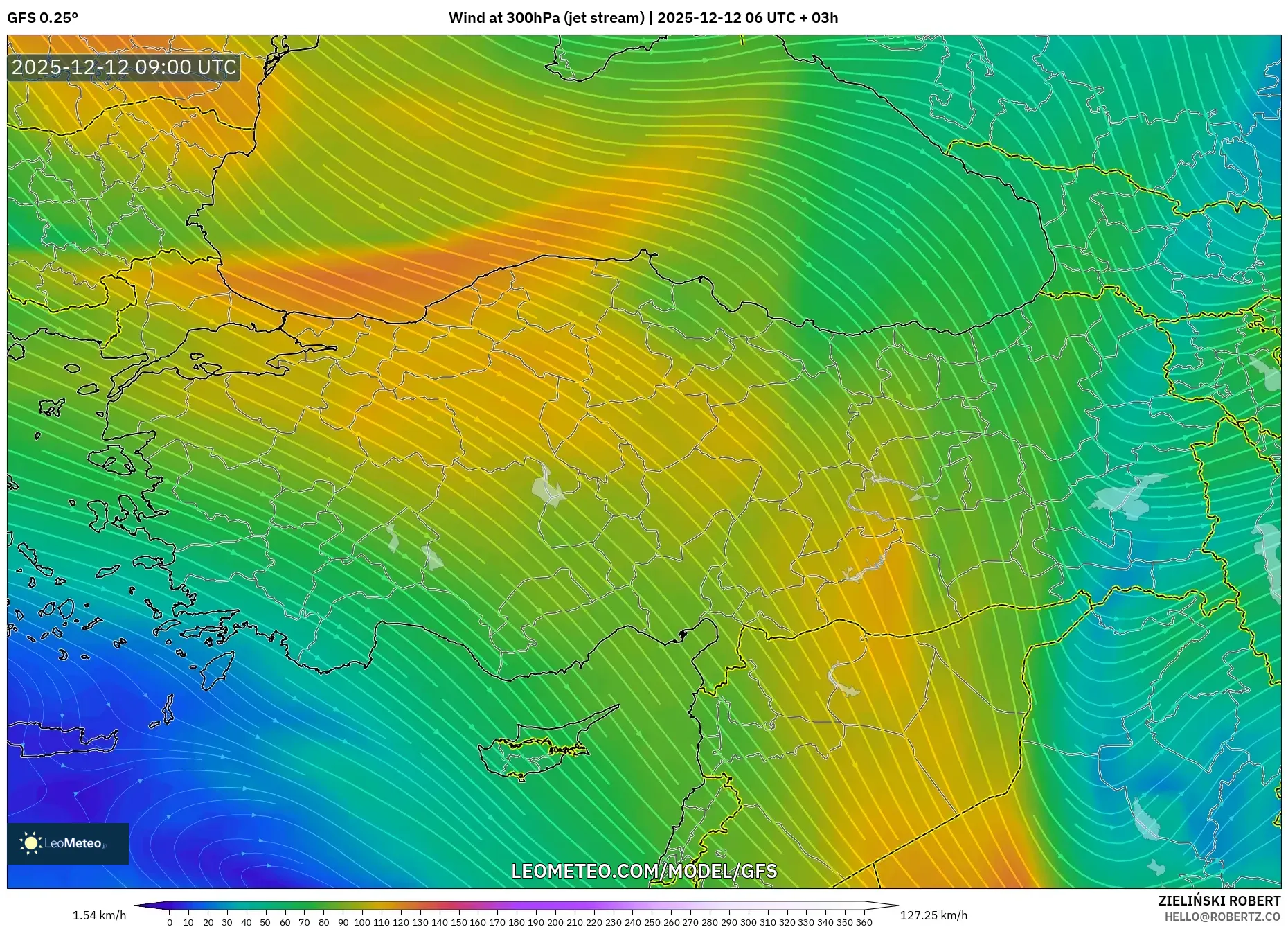 GFS model - Turki, Angin 300 hPa (aliran jet)