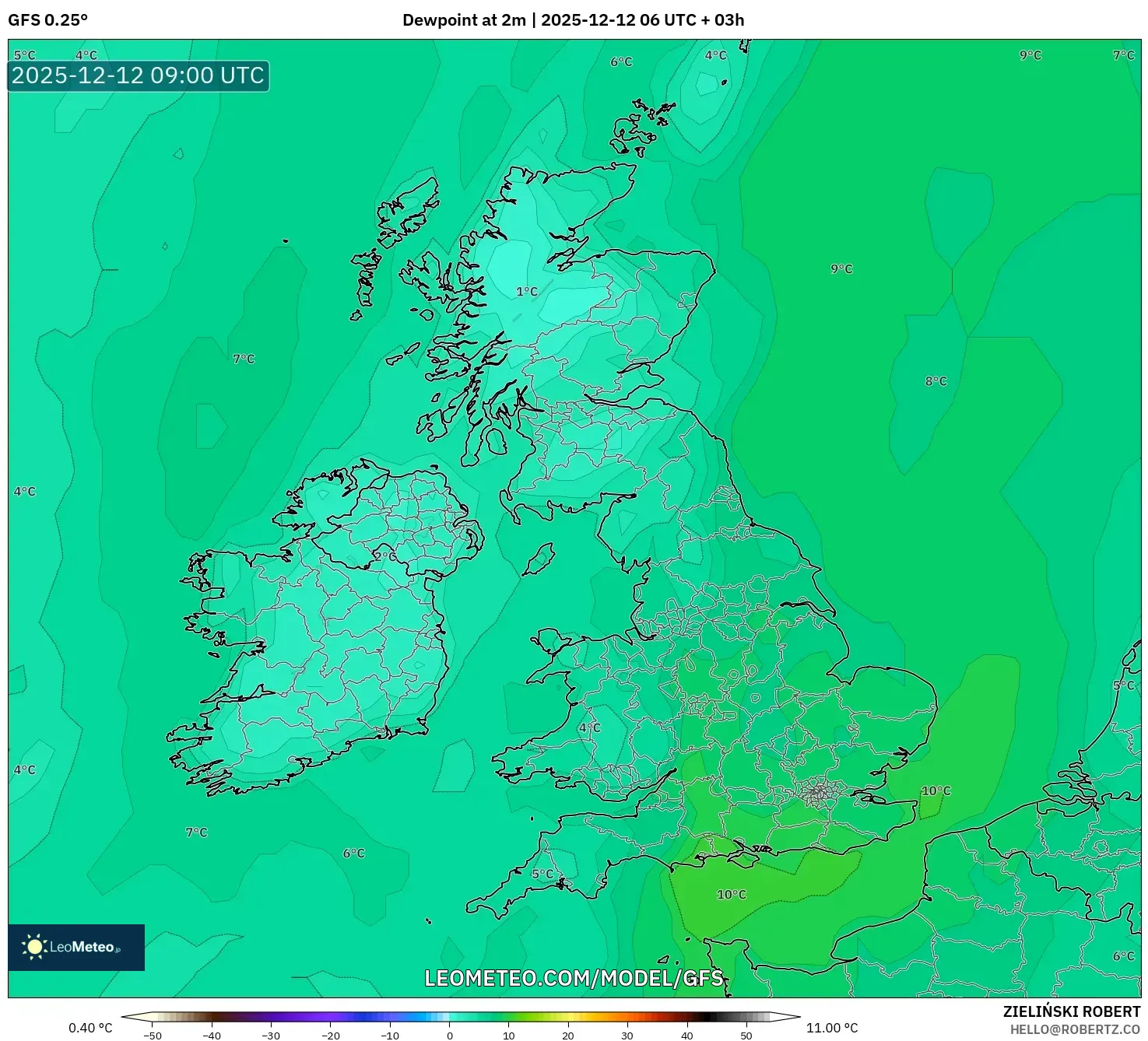 GFS model - United Kingdom, Takat Embun 2 m