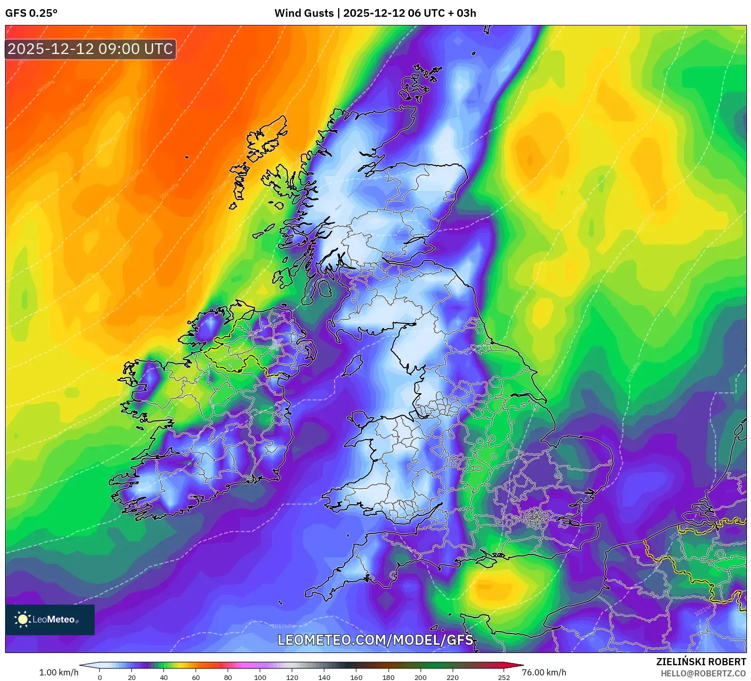 GFS model - United Kingdom, Hembusan Angin