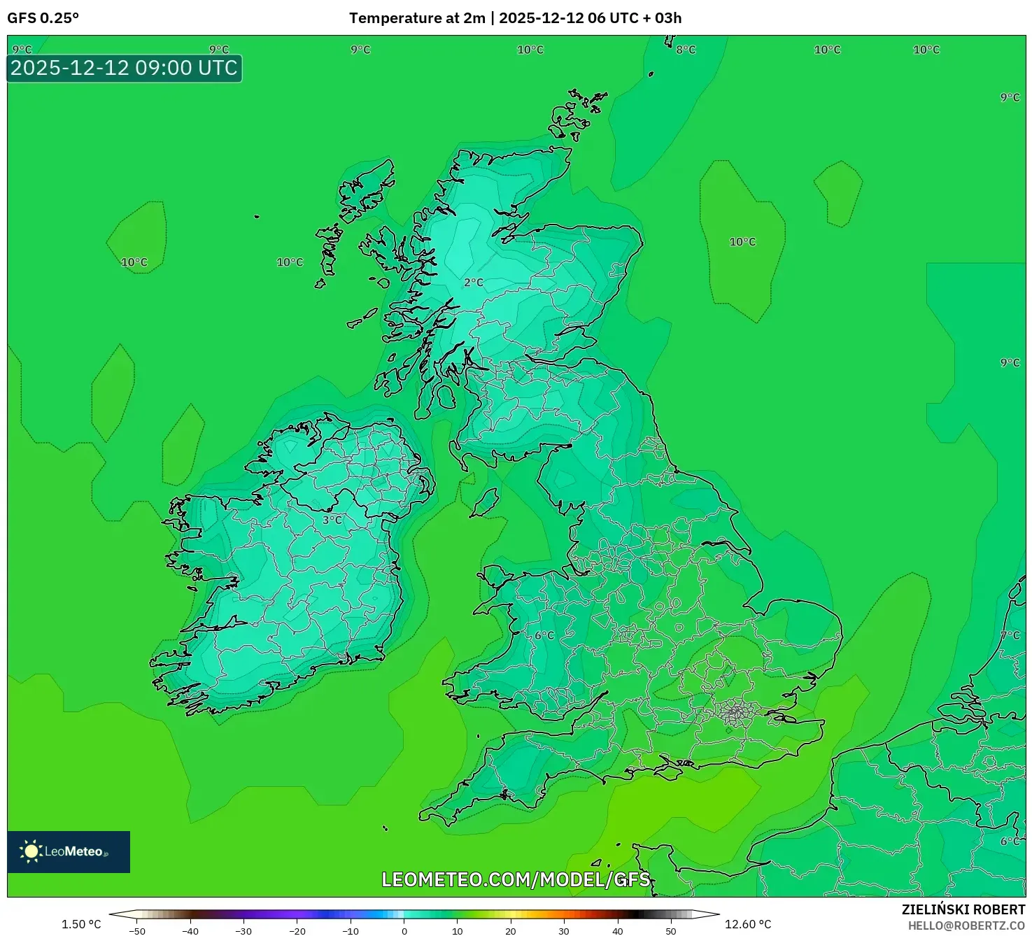 GFS model - United Kingdom, Suhu pada 2 m