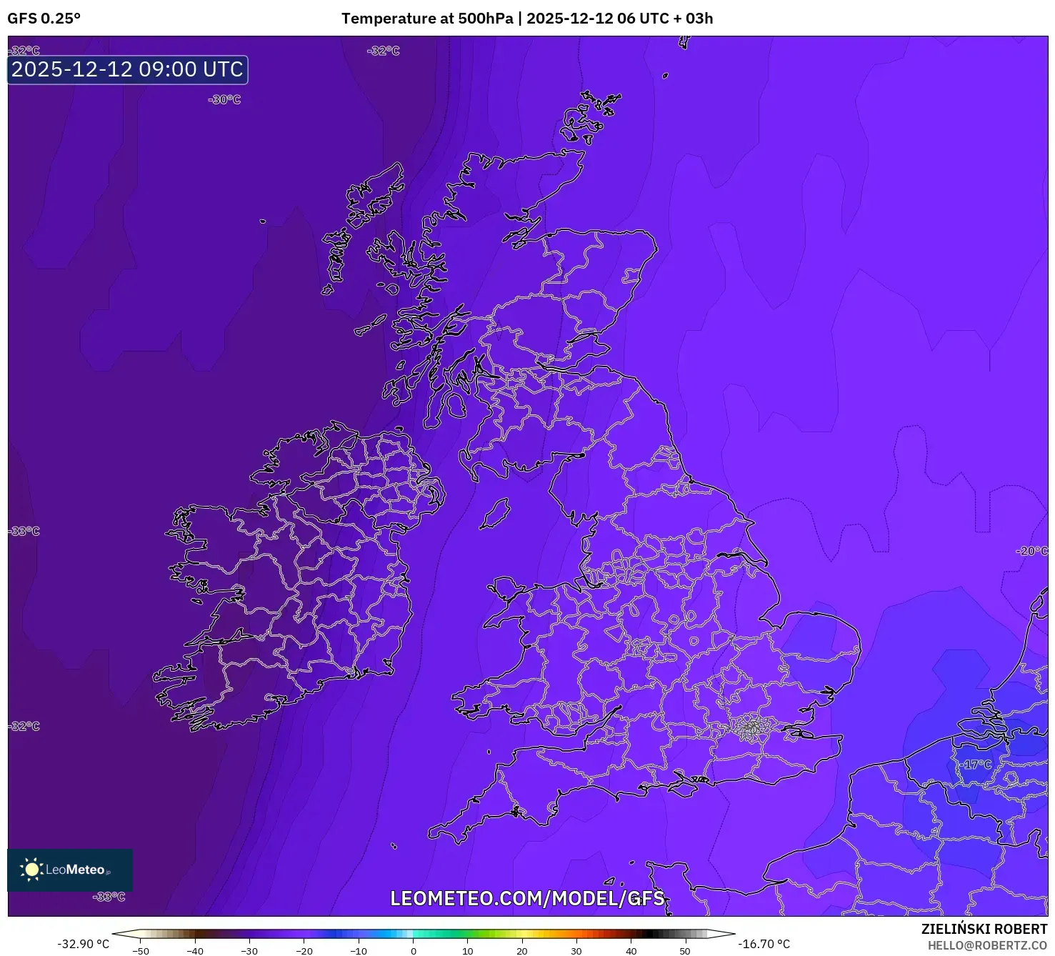 GFS model - United Kingdom, Suhu 500 hPa