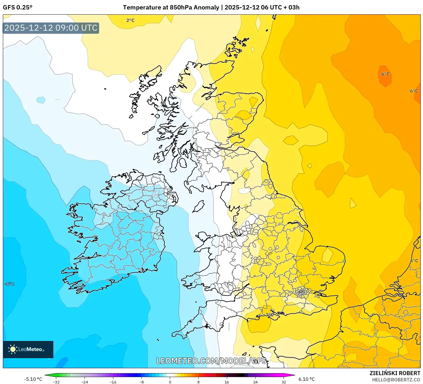 GFS model - United Kingdom, Anomali Suhu 850 hPa