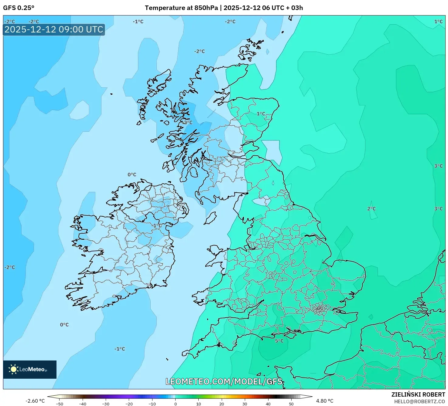 GFS model - United Kingdom, Suhu 850 hPa