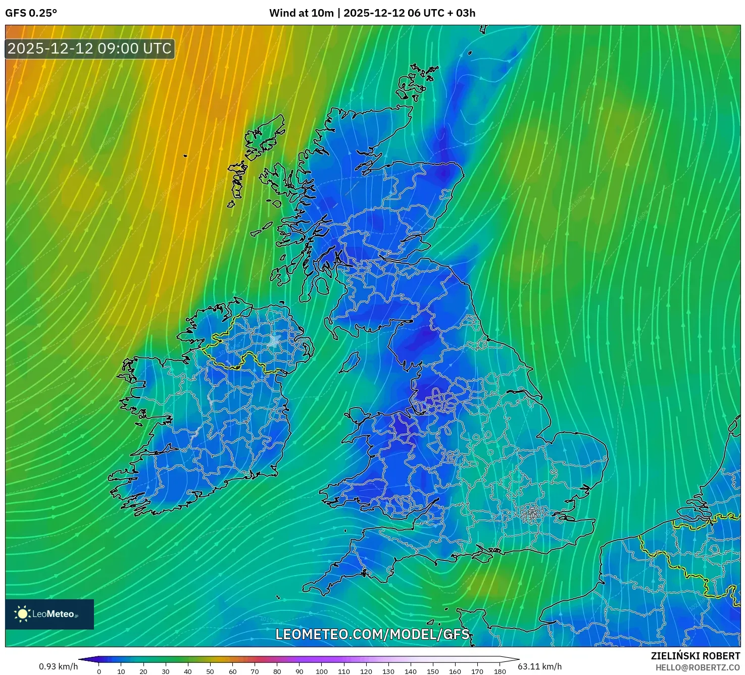 GFS model - United Kingdom, Angin 10 m