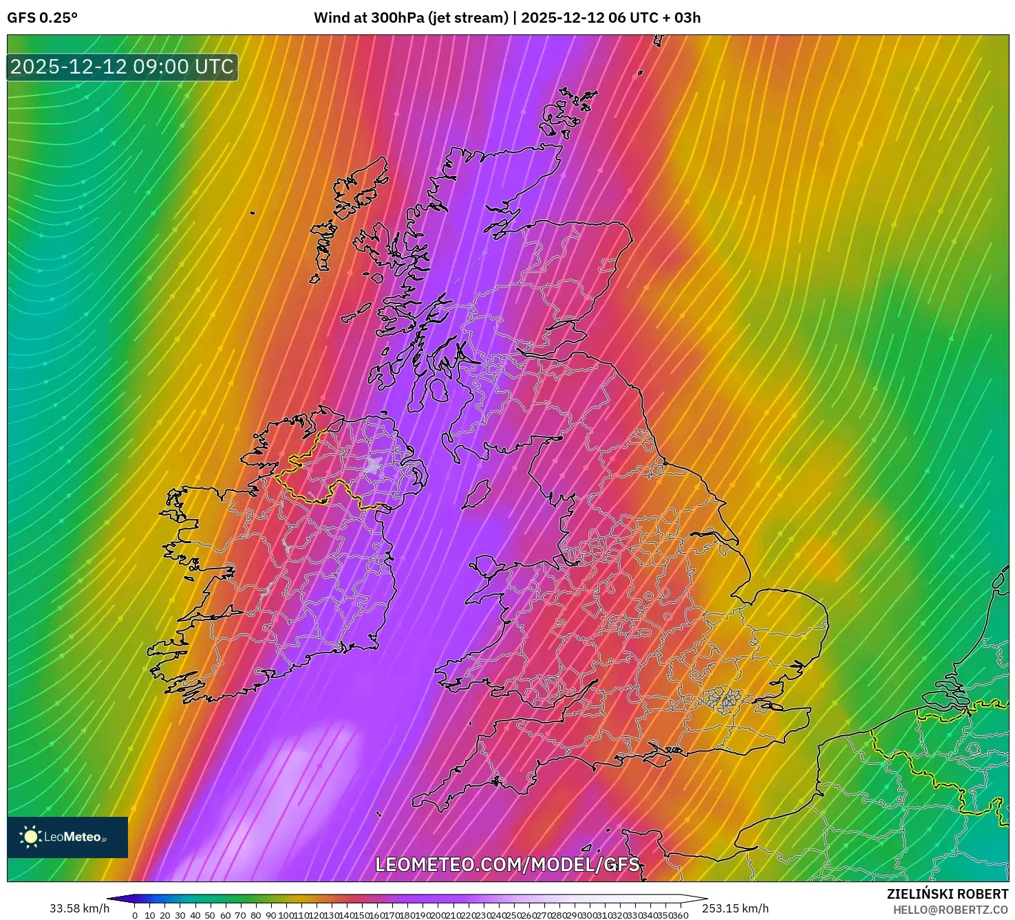 GFS model - United Kingdom, Angin 300 hPa (aliran jet)