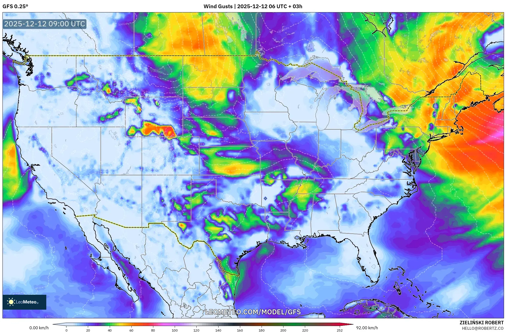 GFS model - Amerika Syarikat, Hembusan Angin