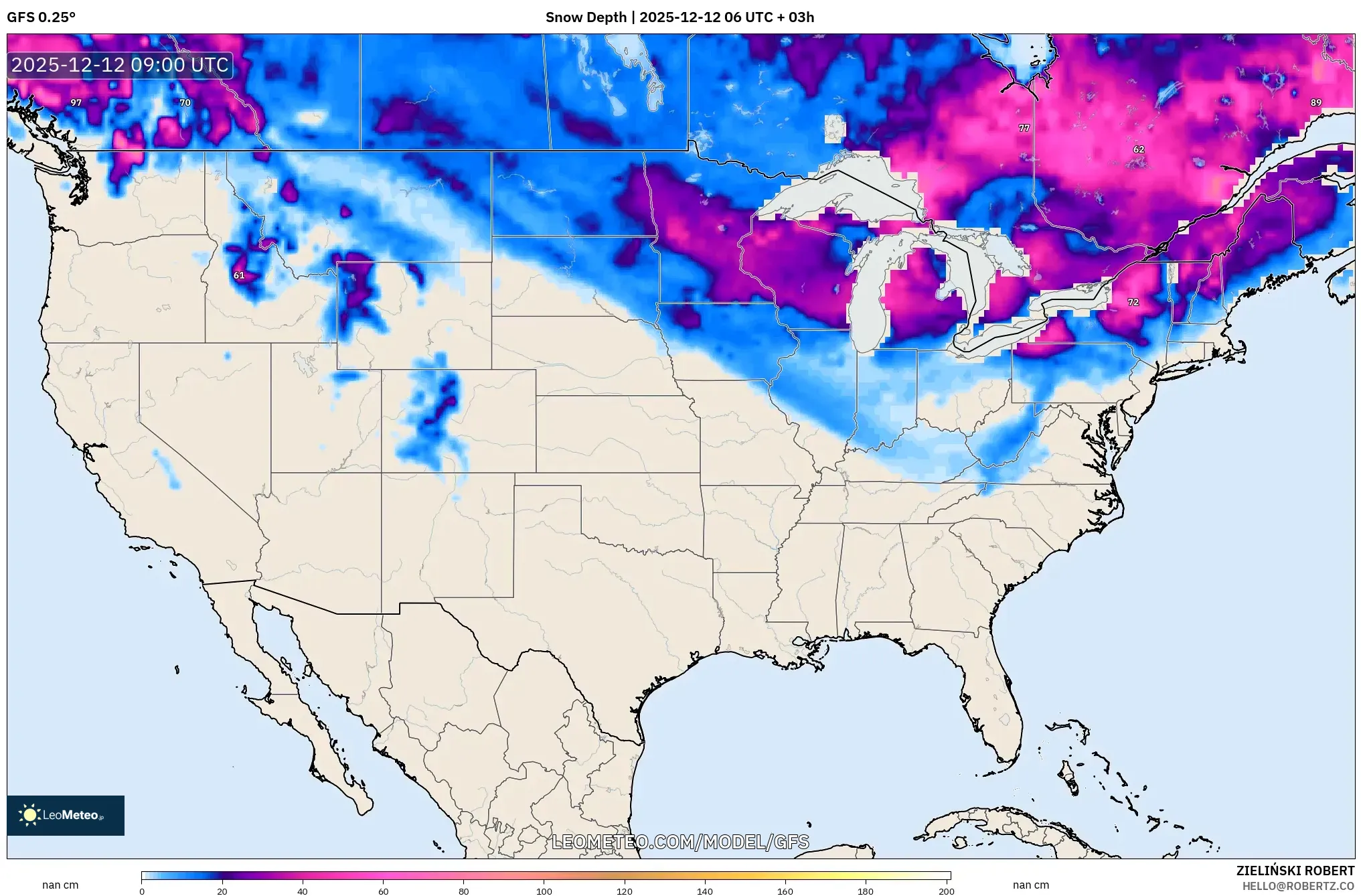 GFS model - Amerika Syarikat, Ketebalan Salji