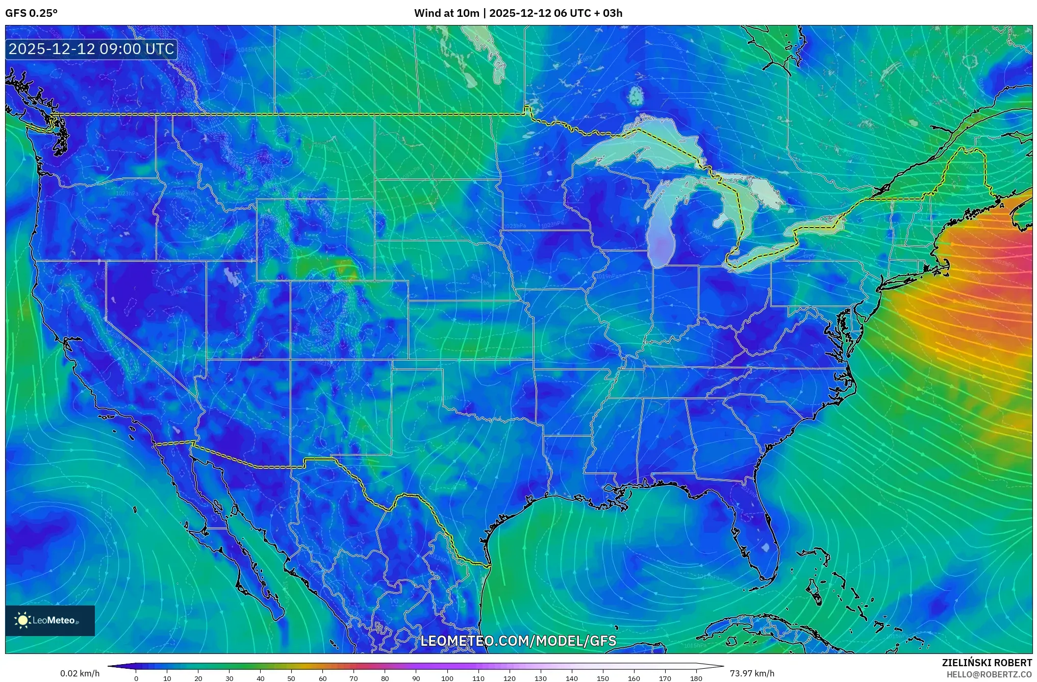 GFS model - Amerika Syarikat, Angin 10 m