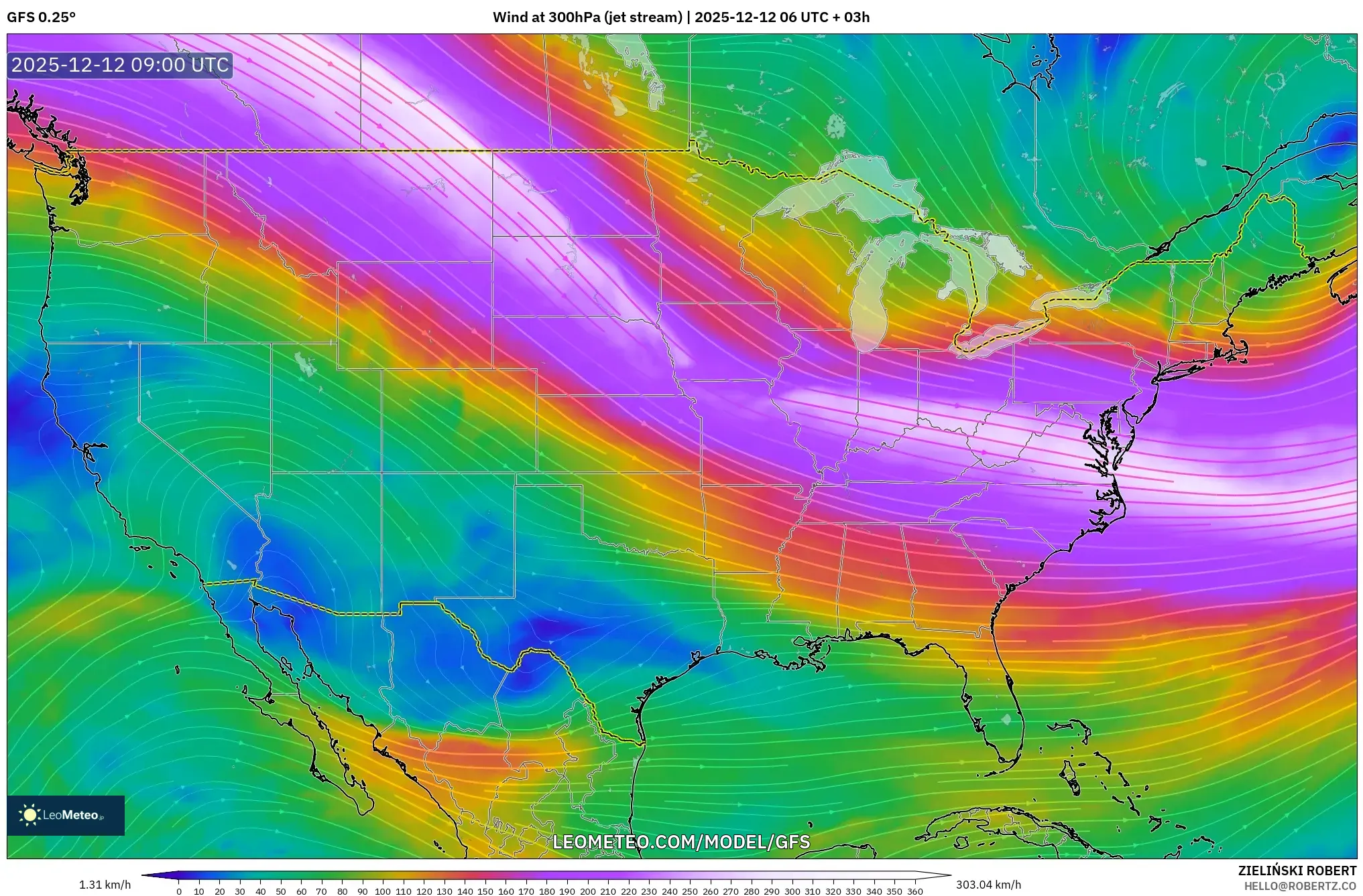 GFS model - Amerika Syarikat, Angin 300 hPa (aliran jet)