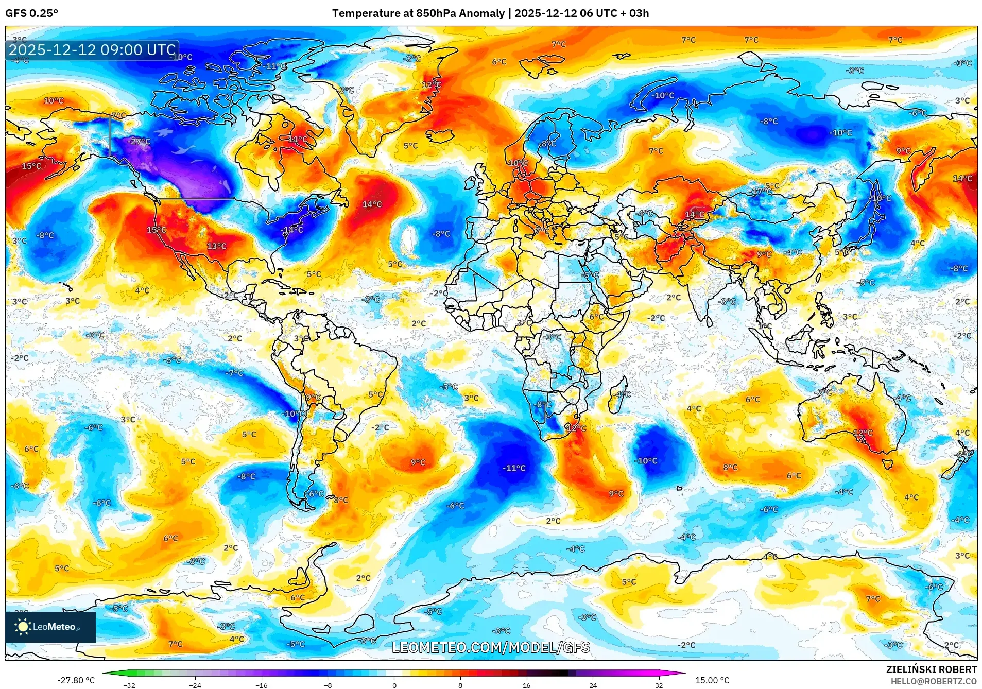 GFS model - Dunia, Anomali Suhu 850 hPa