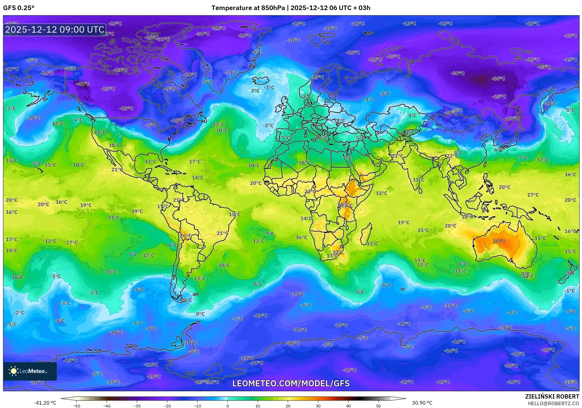 GFS model - Dunia, Suhu 850 hPa