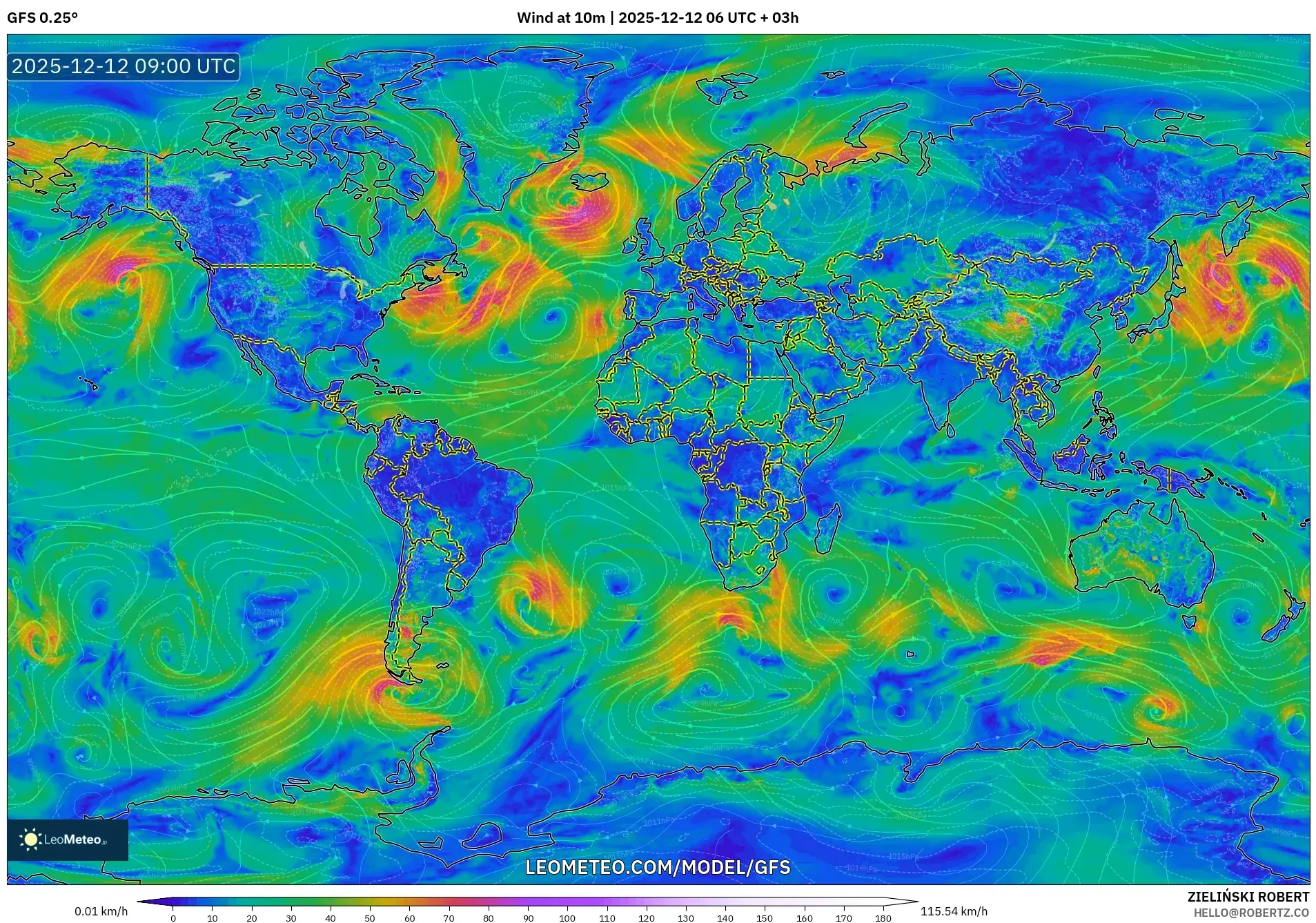 GFS model - Dunia, Angin 10 m