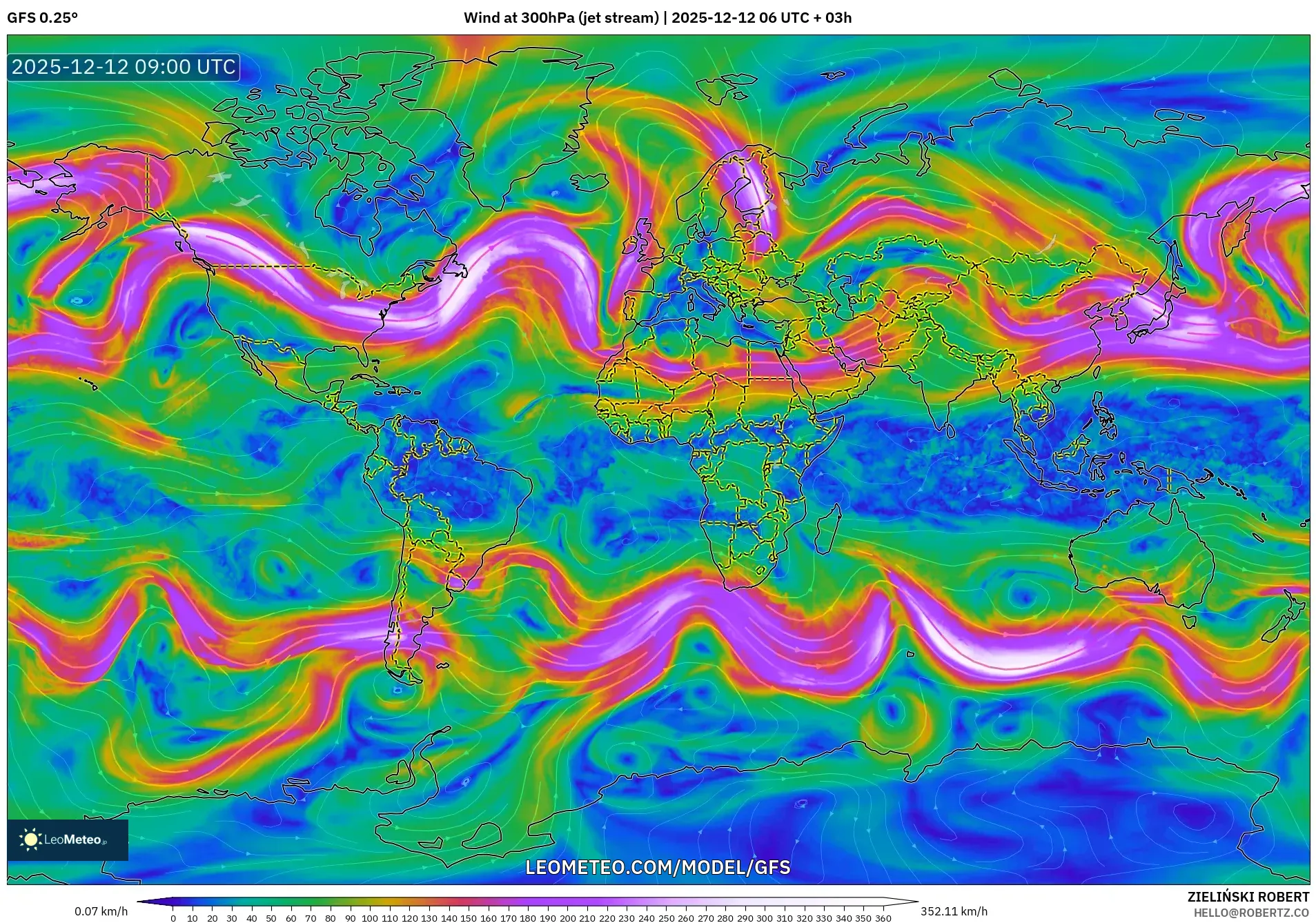 GFS model - Dunia, Angin 300 hPa (aliran jet)