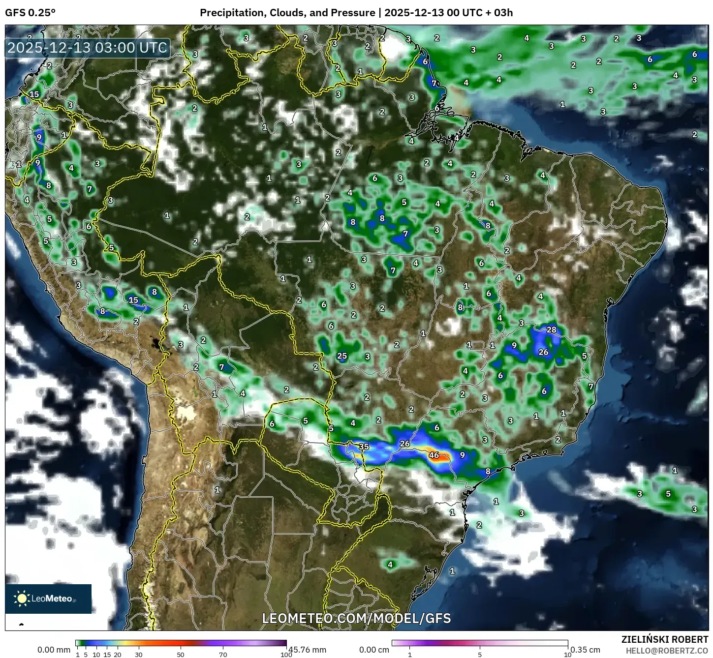 GFS model - Brasil, Curah Hujan, Awan, dan Tekanan