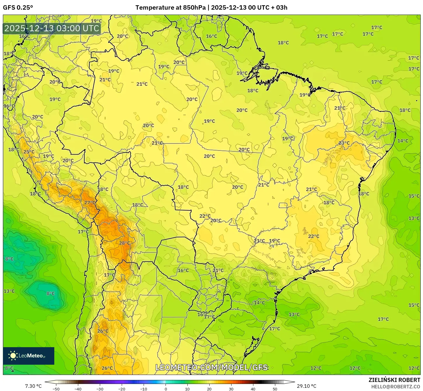 GFS model - Brasil, Suhu 850 hPa