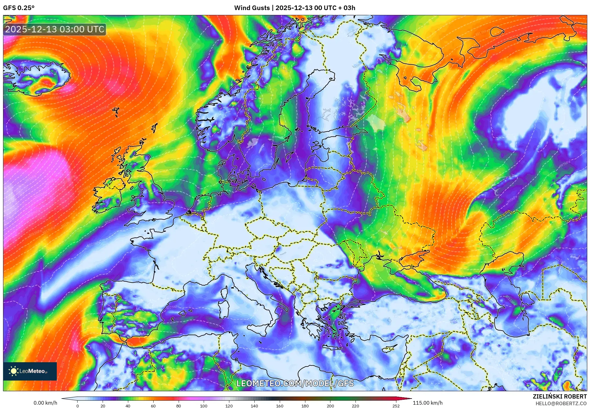 GFS model - Europe, Wind Gusts
