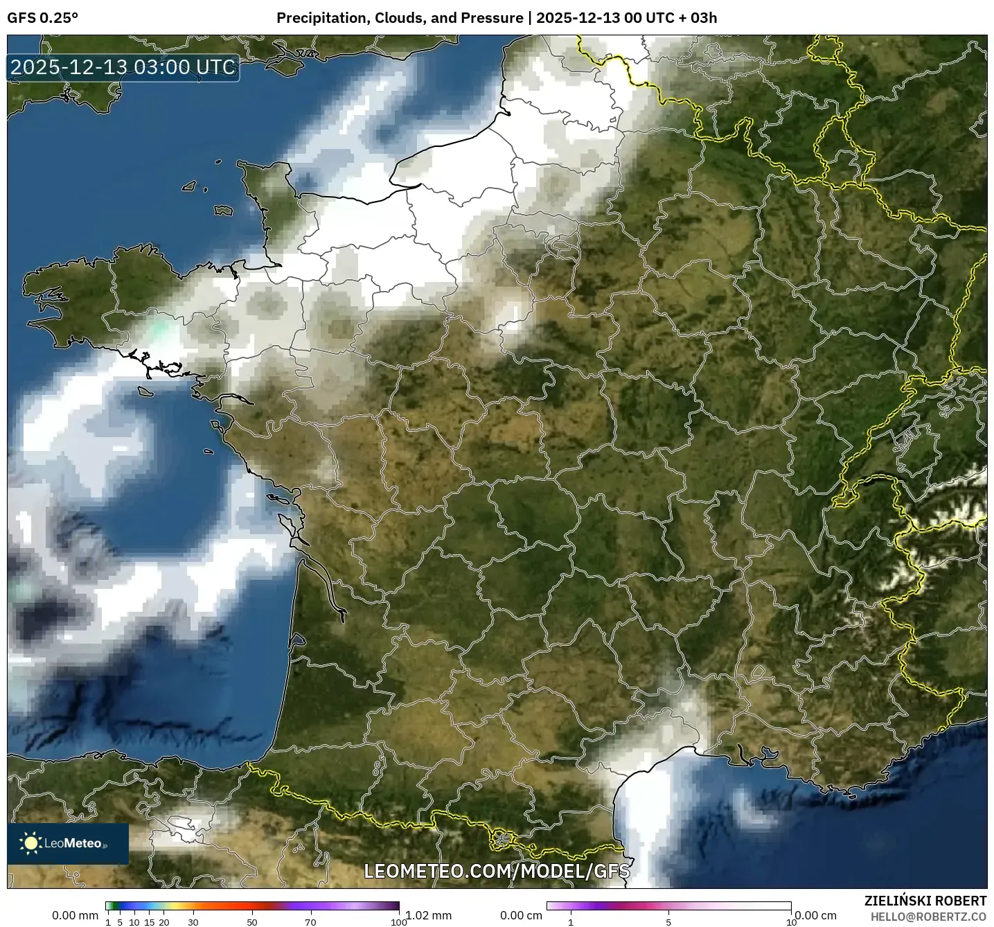 GFS model - Prancis, Curah Hujan, Awan, dan Tekanan