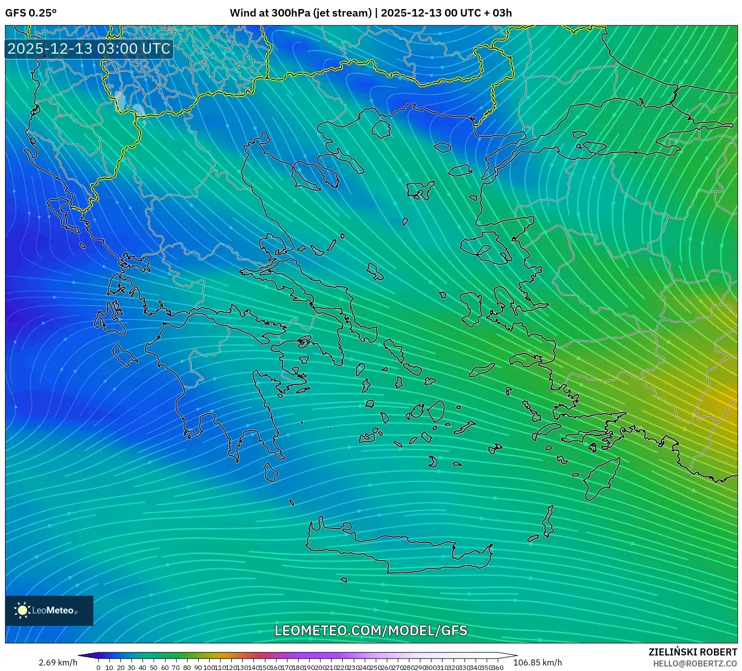 GFS model - Greece, Wind at 300hPa (jet stream)