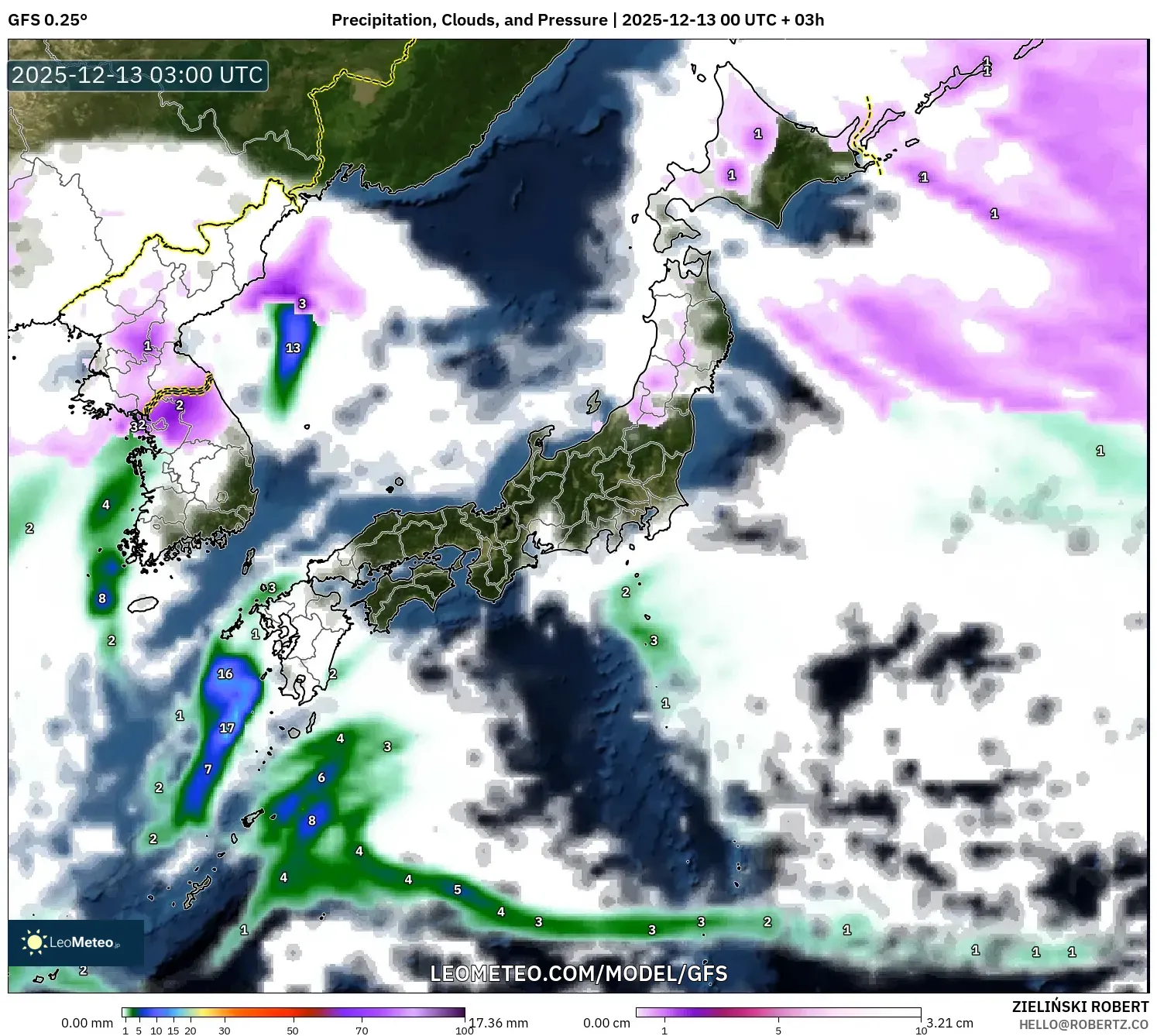 GFS model - Jepang, Curah Hujan, Awan, dan Tekanan