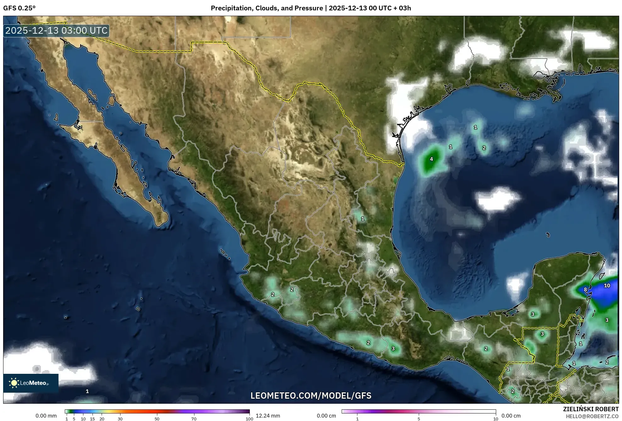 GFS model - Meksiko, Curah Hujan, Awan, dan Tekanan
