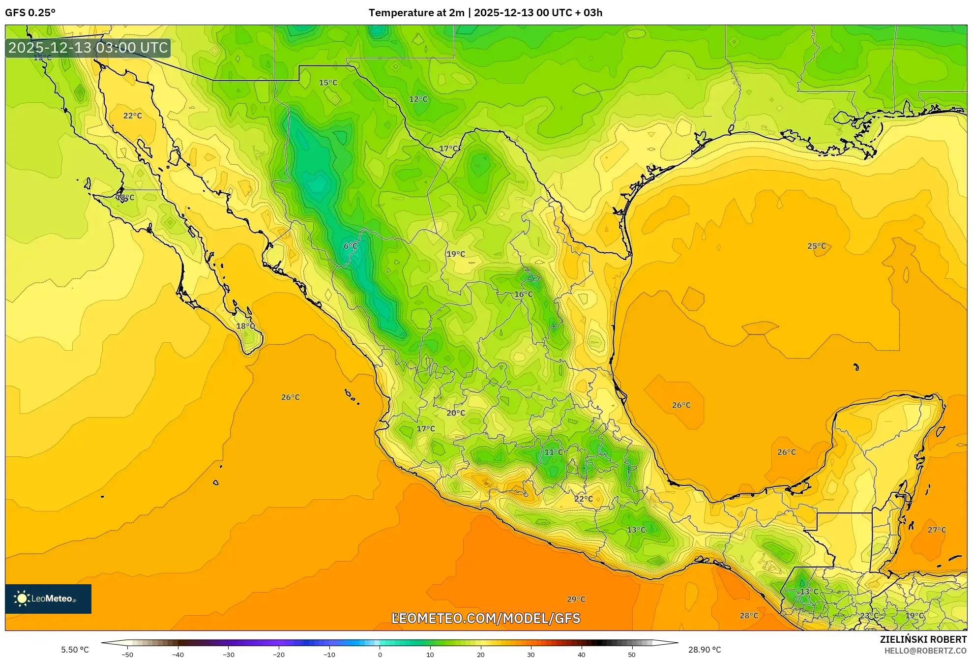 GFS model - Mexico, Temperature at 2m