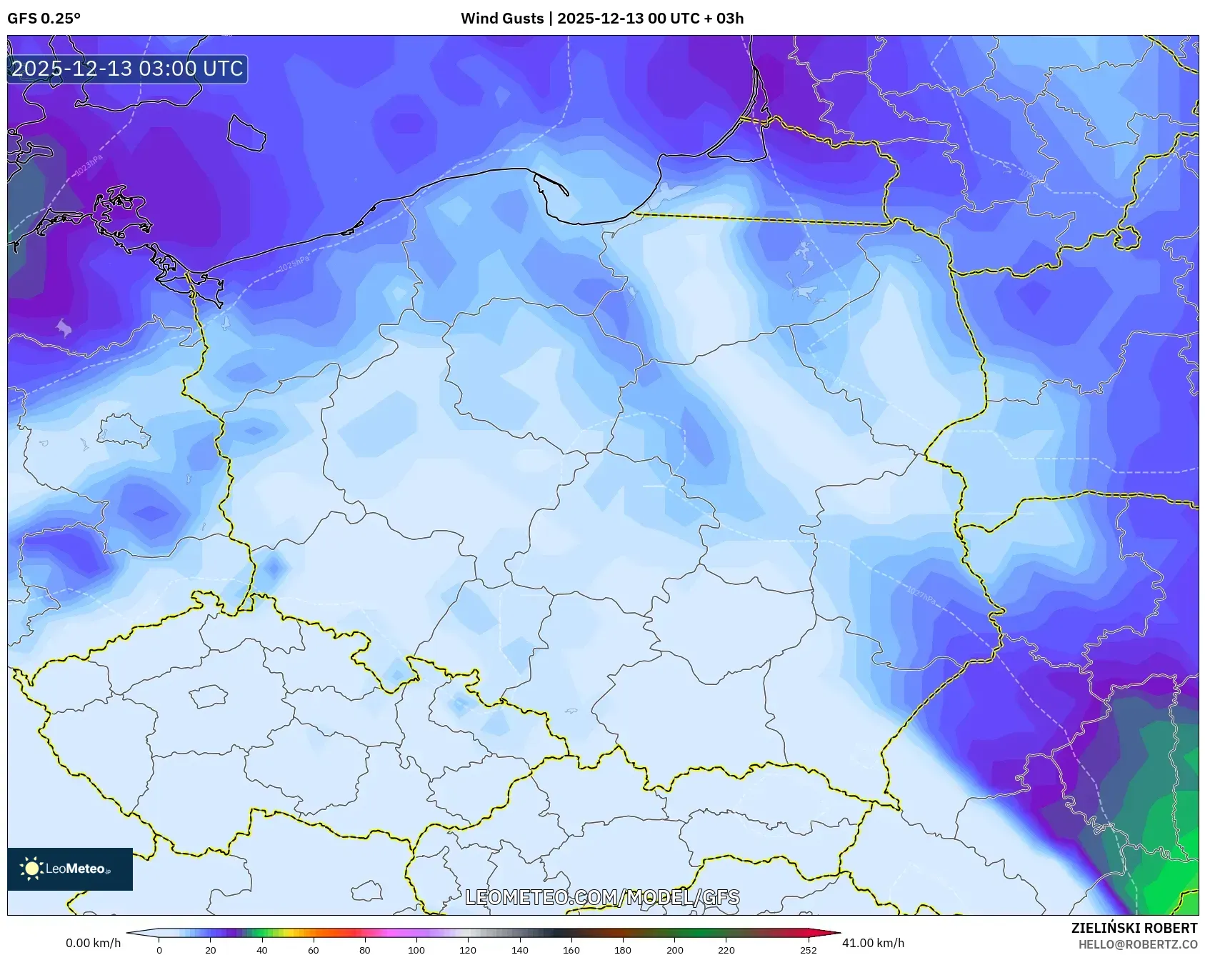 GFS model - Poland, Wind Gusts