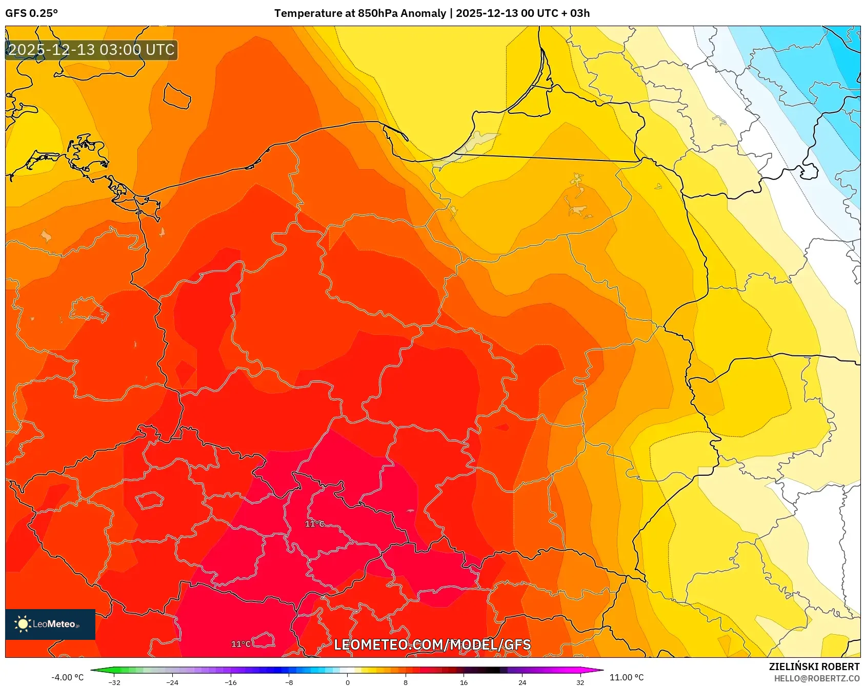 GFS model - Poland, Temperature at 850hPa Anomaly