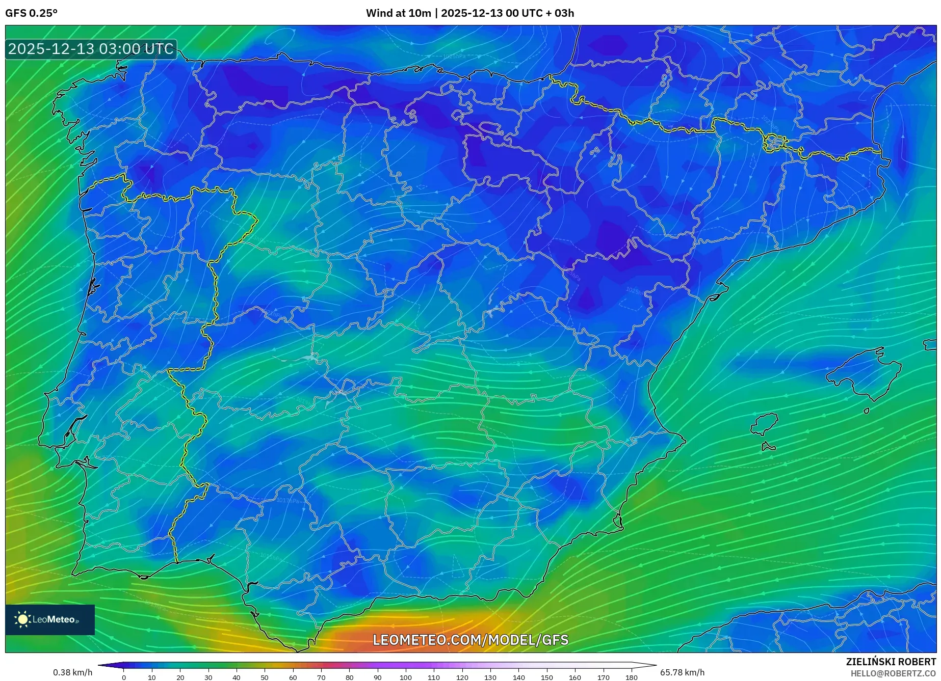 GFS model - Spain, Wind at 10m
