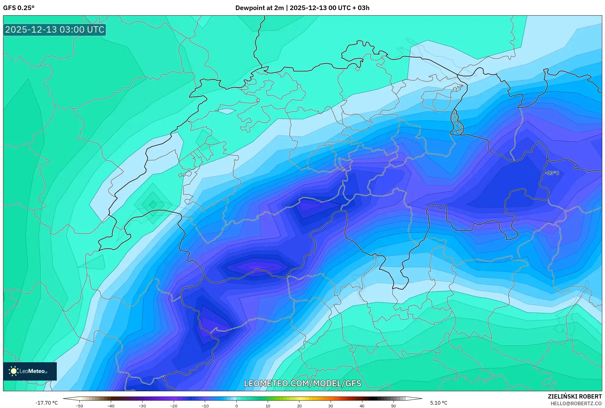 GFS model - Switzerland, Dewpoint at 2m