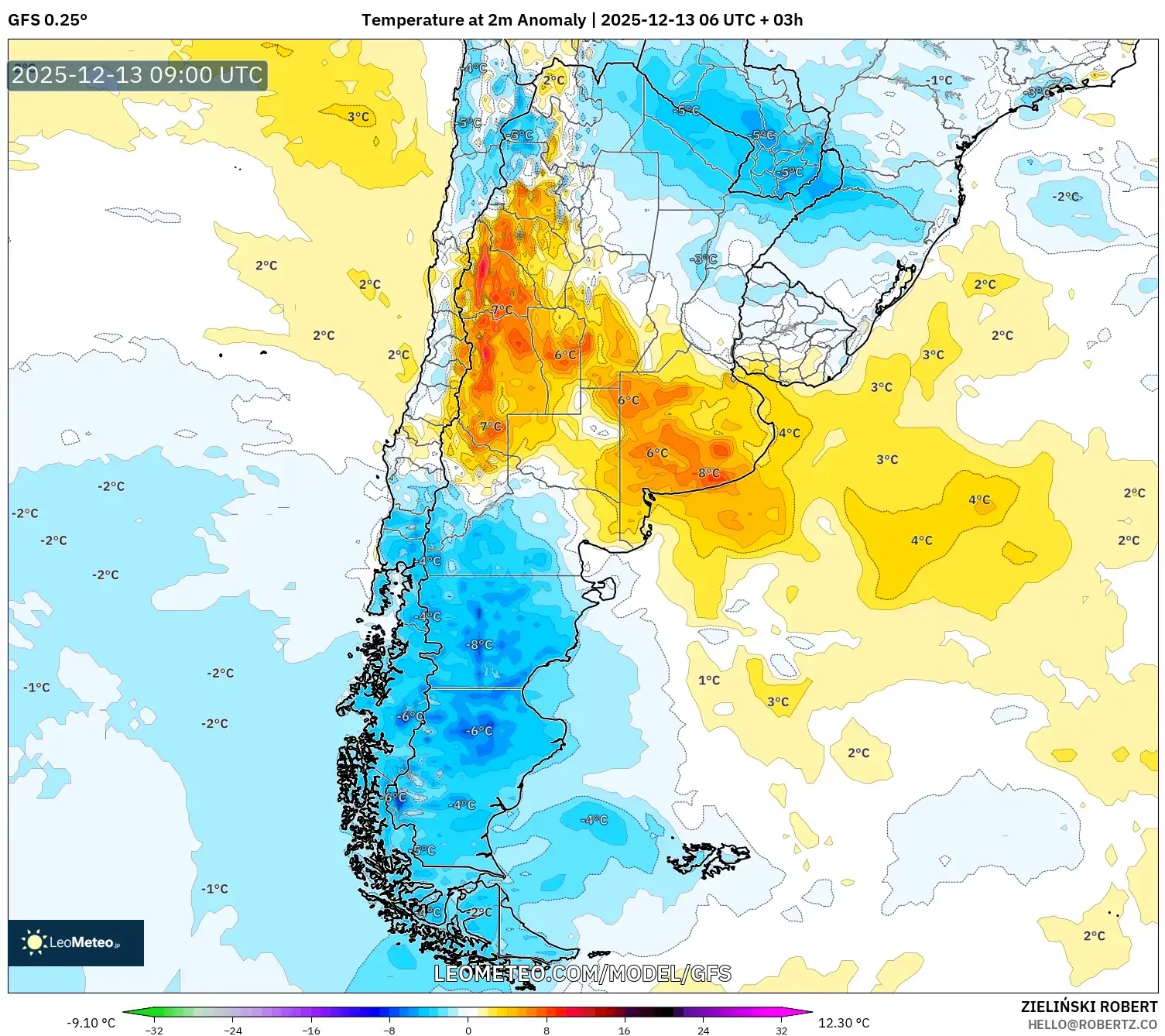 GFS model - Argentina, Temperature at 2m Anomaly