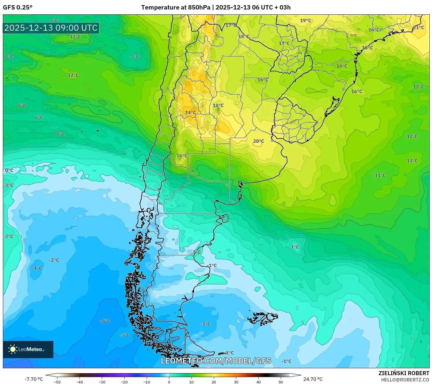 GFS model - Argentina, Temperature at 850hPa