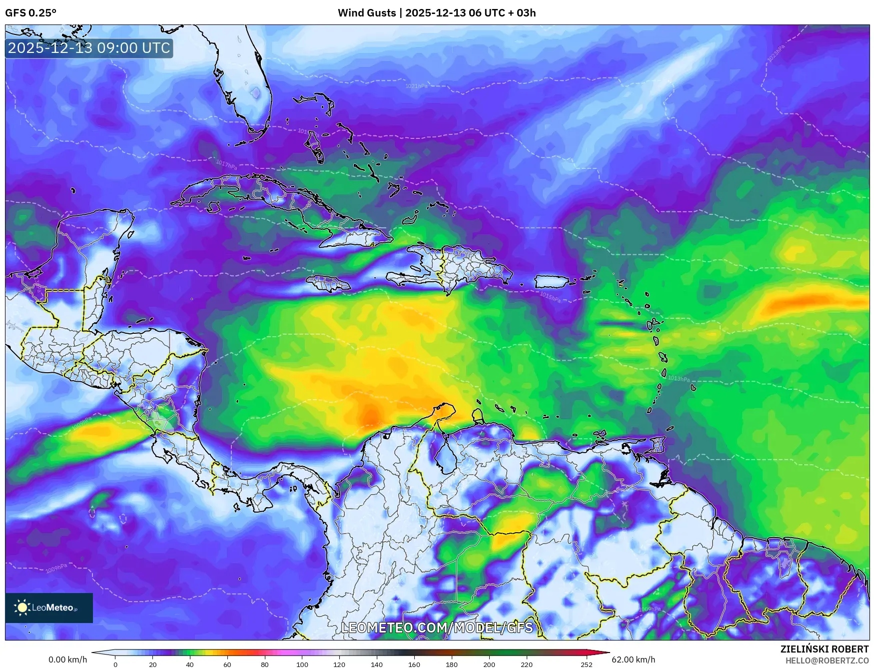 GFS model - Caribbean, Wind Gusts