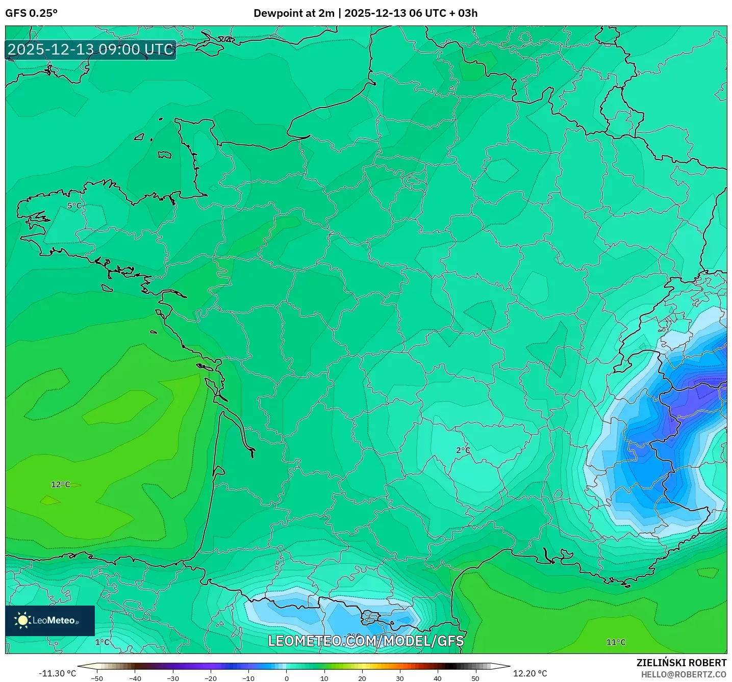 GFS model - France, Dewpoint at 2m