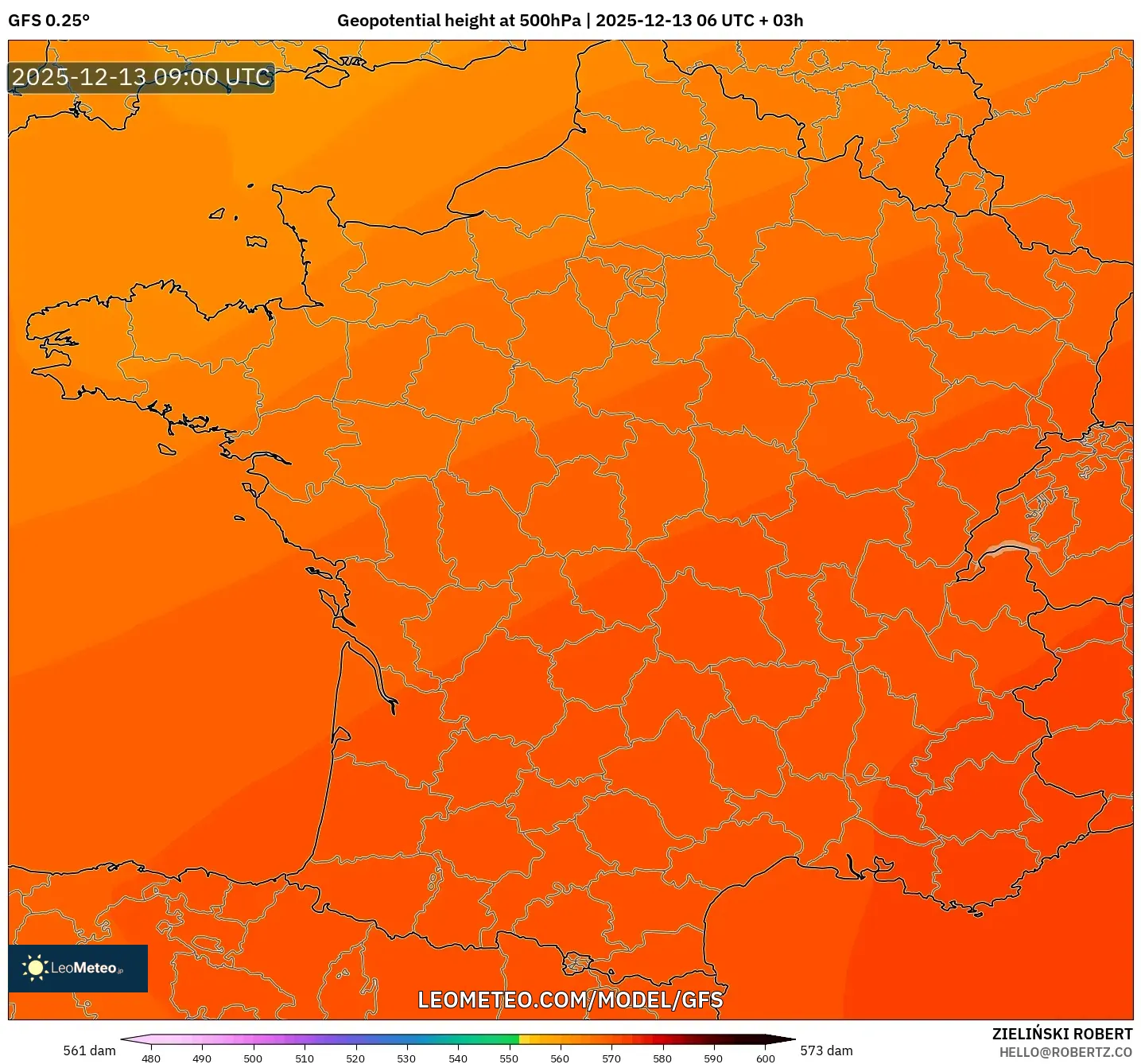 GFS model - France, Geopotential height at 500hPa