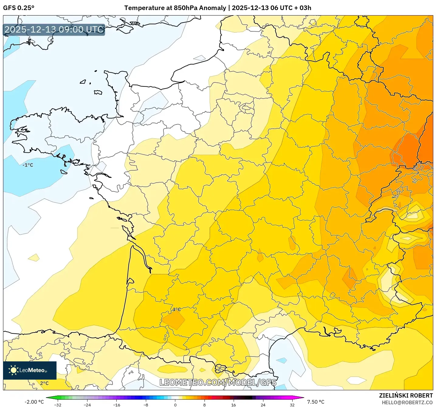 GFS model - France, Temperature at 850hPa Anomaly