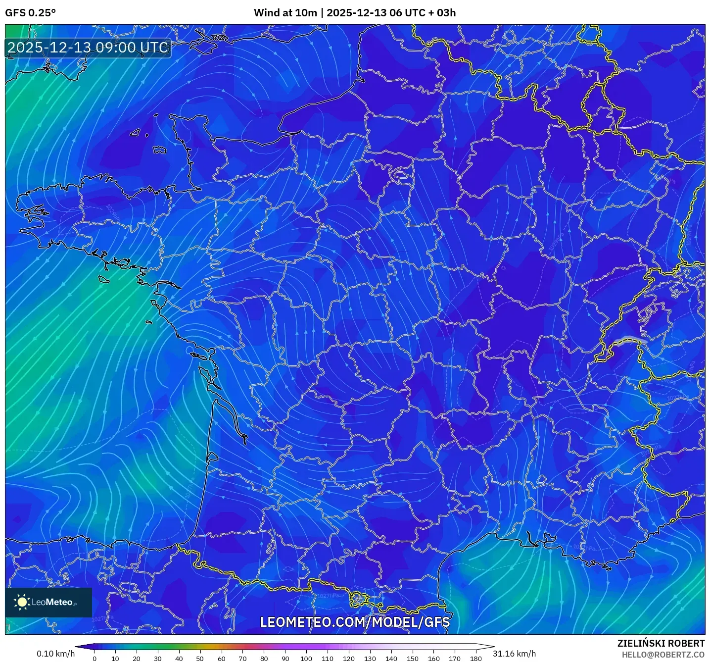 GFS model - France, Wind at 10m