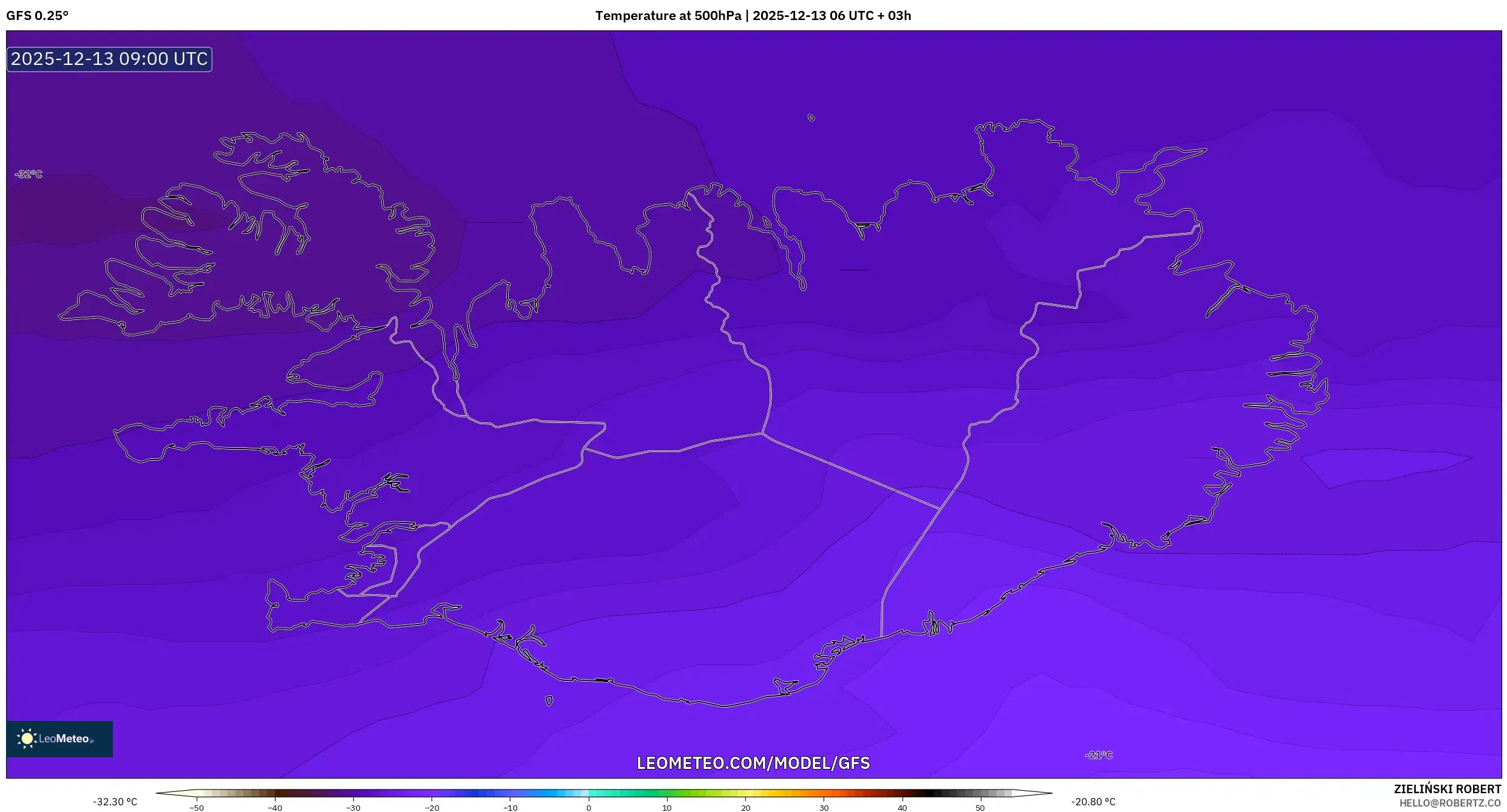 GFS model - Iceland, Temperature at 500hPa