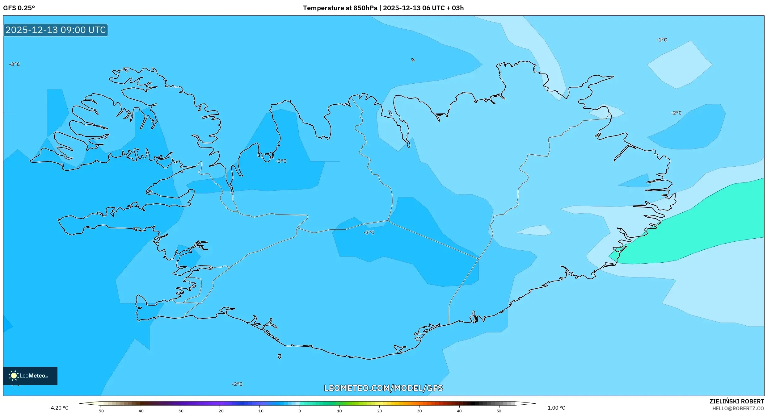 GFS model - Iceland, Temperature at 850hPa