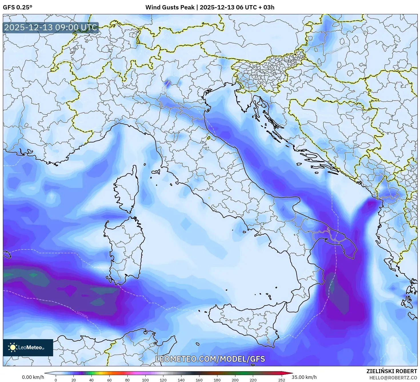 GFS model - Italy, Wind Gusts Peak