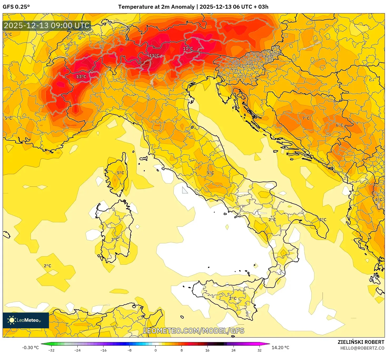 GFS model - Italy, Temperature at 2m Anomaly