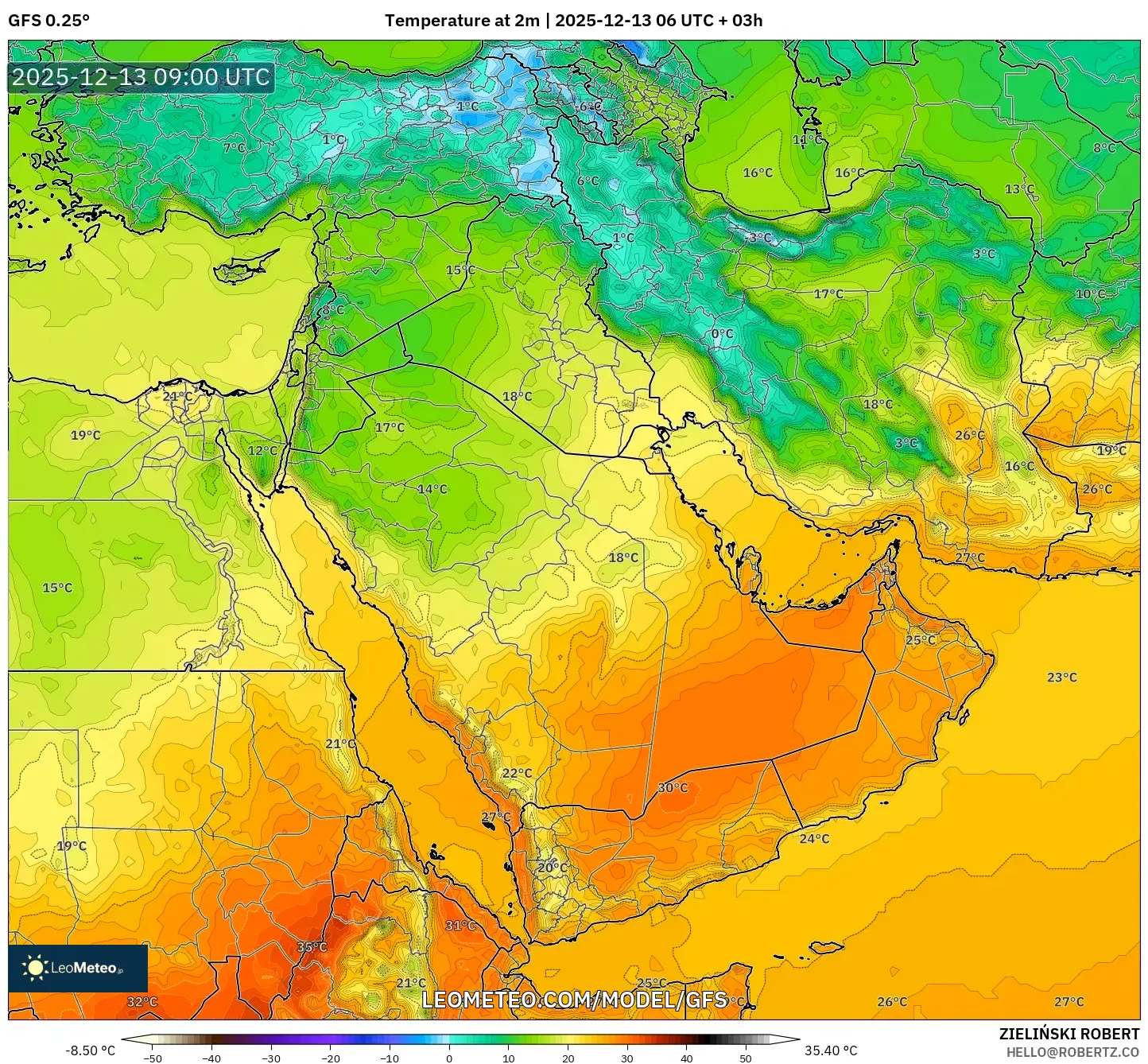 GFS model - Timur Tengah, Suhu 2 m