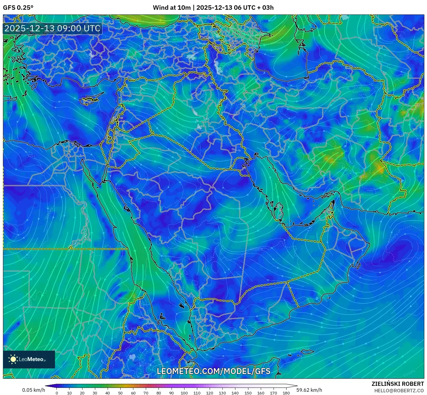 GFS model - Middle East, Wind at 10m