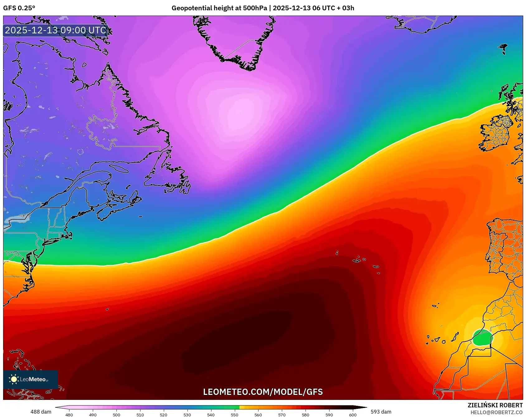 GFS model - North Atlantic, Geopotential height at 500hPa