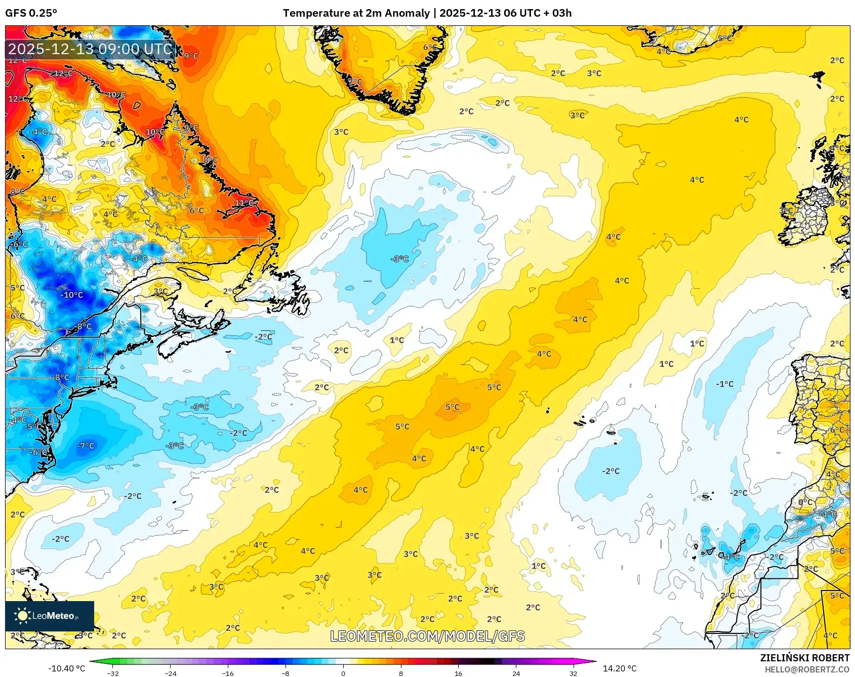 GFS model - North Atlantic, Temperature at 2m Anomaly