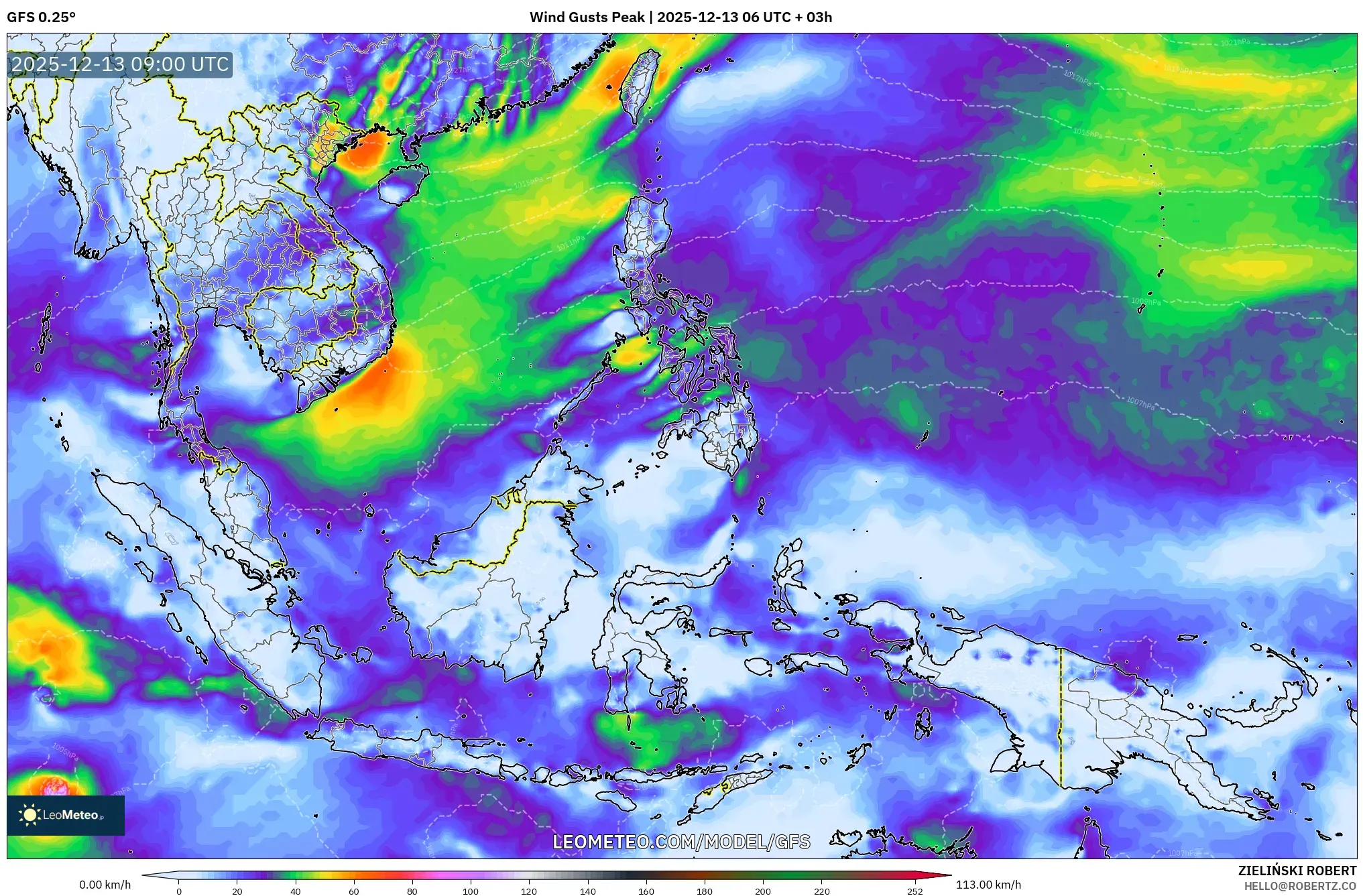 GFS model - South East Asia, Wind Gusts Peak