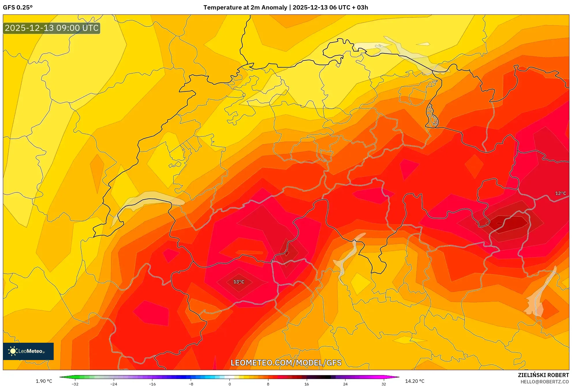 GFS model - Swiss, Anomali Suhu 2 m
