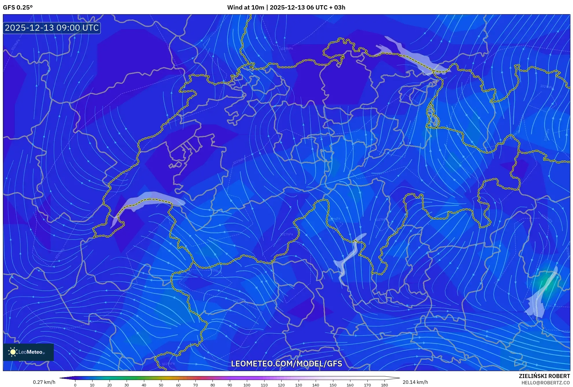 GFS model - Switzerland, Wind at 10m