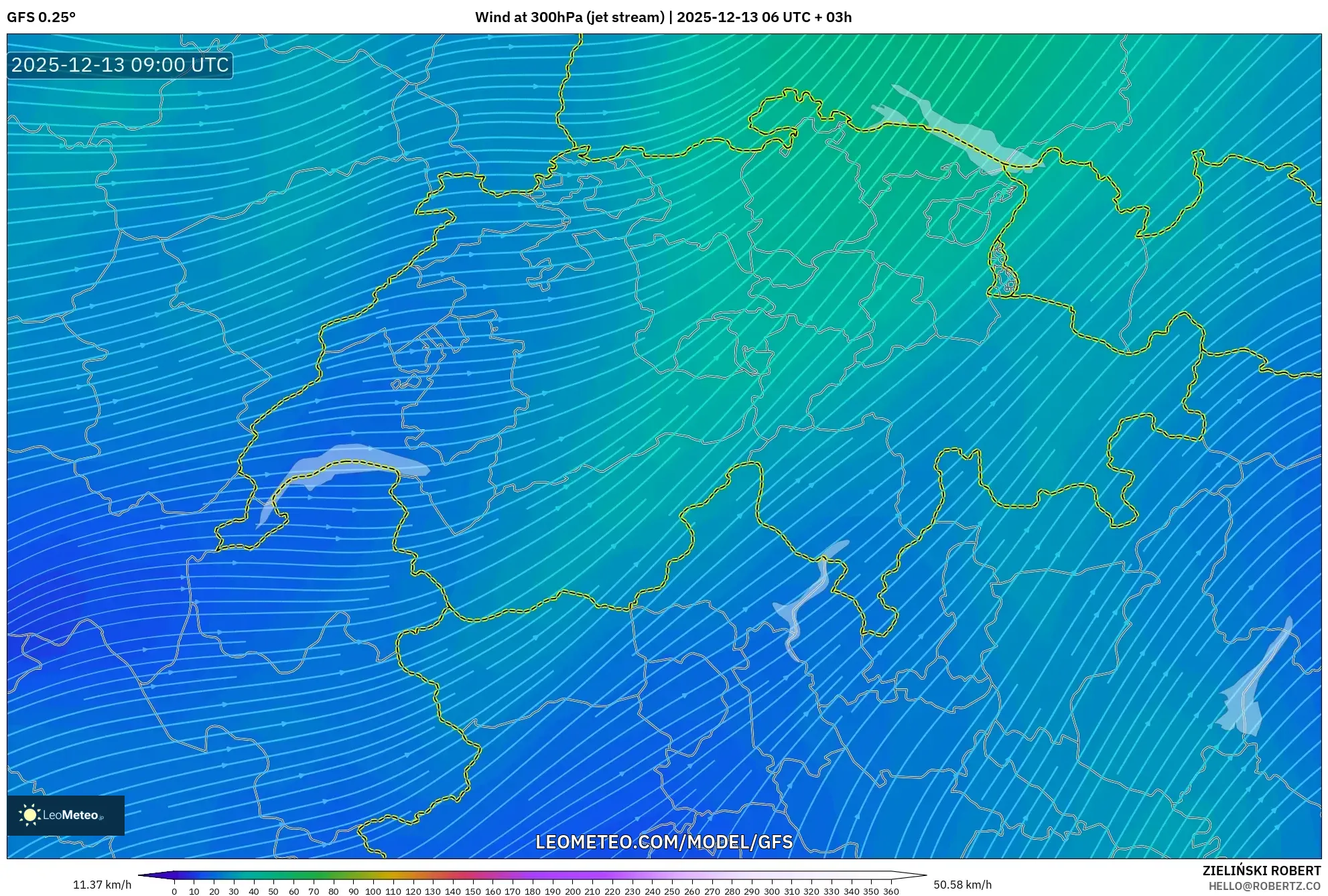 GFS model - Swiss, Angin 300 hPa (aliran jet)