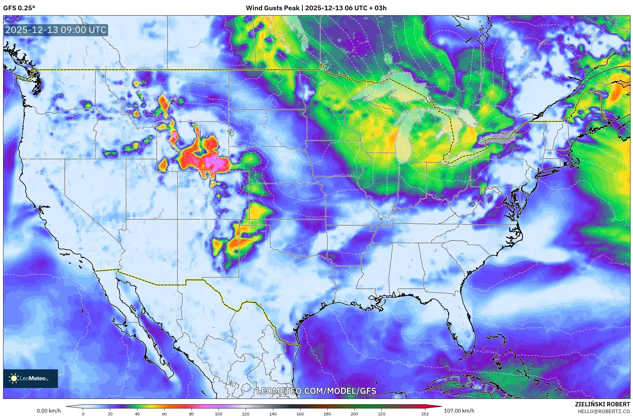 GFS model - United States, Wind Gusts Peak